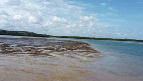 Un-Camión-Rápido-Dejó-Un-Disparo-Aéreo-De-Drones-Volando-Sobre-Un-Banco-De-Arena-Natural-Con-Aves-Exóticas-Volando-En-La-Laguna-Tropical-De-Guaraíras-En-La-Turística-Ciudad-Costera-De-Tibau-Do-Sul,-Brasil-En-Rio-Grande-Do-Norte