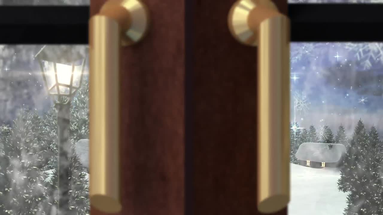 animación del paisaje de invierno, linterna y casas vistas a través de la ventana