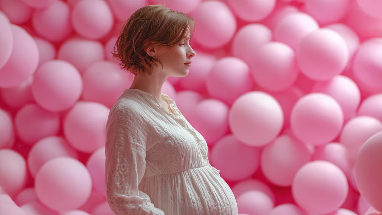 A serene moment captured in a whimsical environment, showcasing a pregnant woman amid a sea of pink balloons, embodying beauty, anticipation, and the joy of motherhood