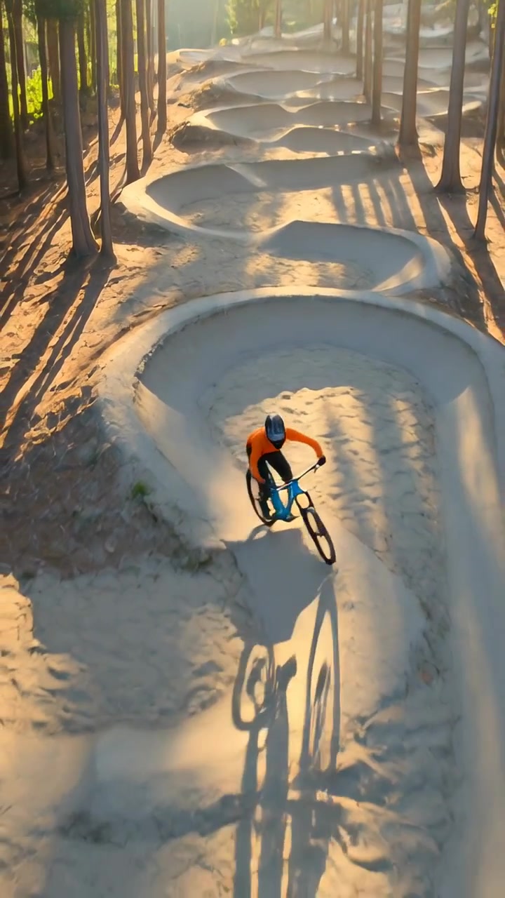 Video verticale: Argine boschivo in avvicinamento, ciclista in arancione su bici blu che si inclina nelle curve, tracciato da drone.