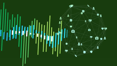 animation of financial data processing over network of connections with icons