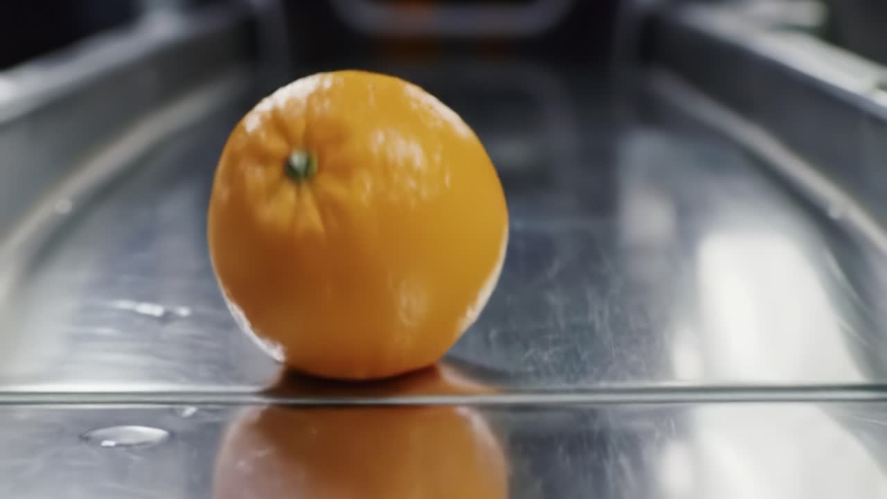 An Orange Rolling on a Conveyor Belt, Capturing the Journey of Freshness and Quality in Fruit Processing and Distribution