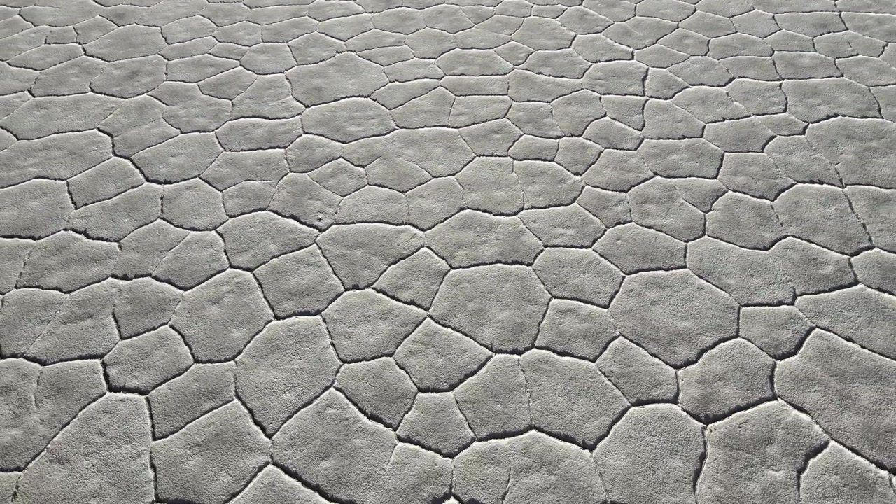 Polygonal salt crust patterns cover the Salinas Grandes surface in Jujuy, Argentina, forming a repeating geometric texture useful for backgrounds or climate and mining concepts.