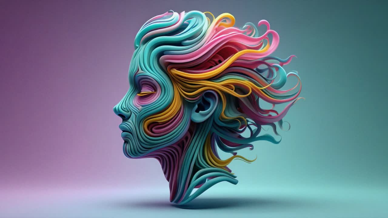 Colorful abstract sculpture of a face showcasing fluid hair and intricate patterns in a serene environment