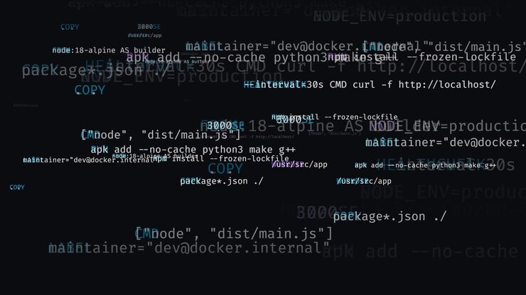 Animated Dockerfile Configuration Code Floating on Dark Background
