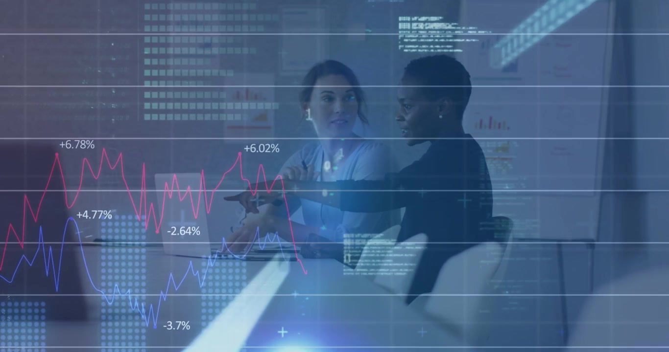 Animation of statistical data processing over two diverse female colleagues discussing over laptop