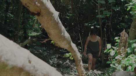 Young-woman-walking-through-a-forest-and-passing-over-a-log