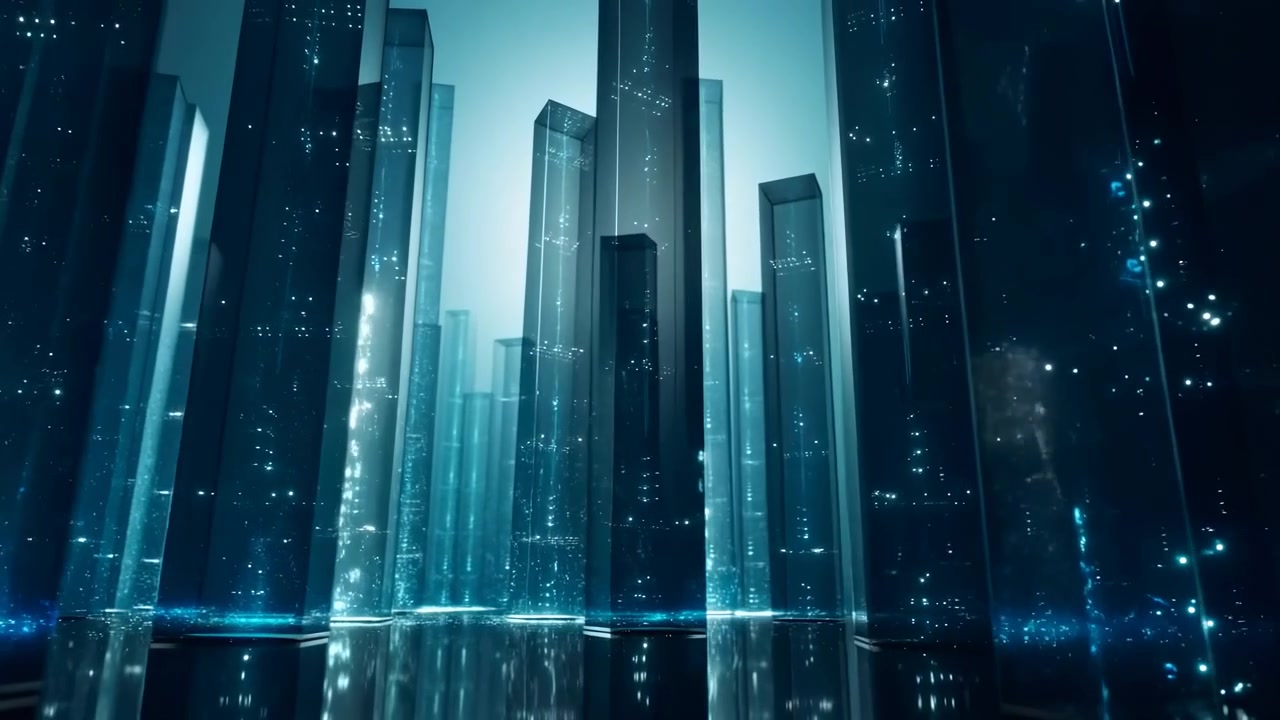 a futuristic digital cityscape with skyscrapers and light trails in a modern urban environment, captured in a static wide-angle perspective, featuring blue and black tones and a serene, yet.