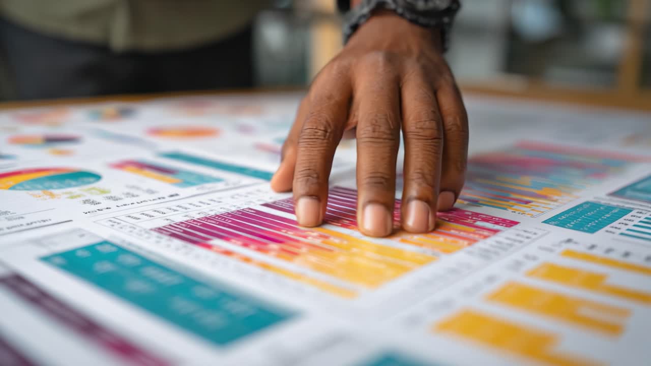 Analisi dettagliata di grafici e diagrammi colorati di dati, mentre un individuo si dedica a una revisione analitica con un focus sulle metriche di performance e sulle tendenze.