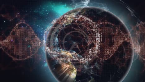 animación de reloj en movimiento y cerebro digital en todo el mundo y red de conexiones