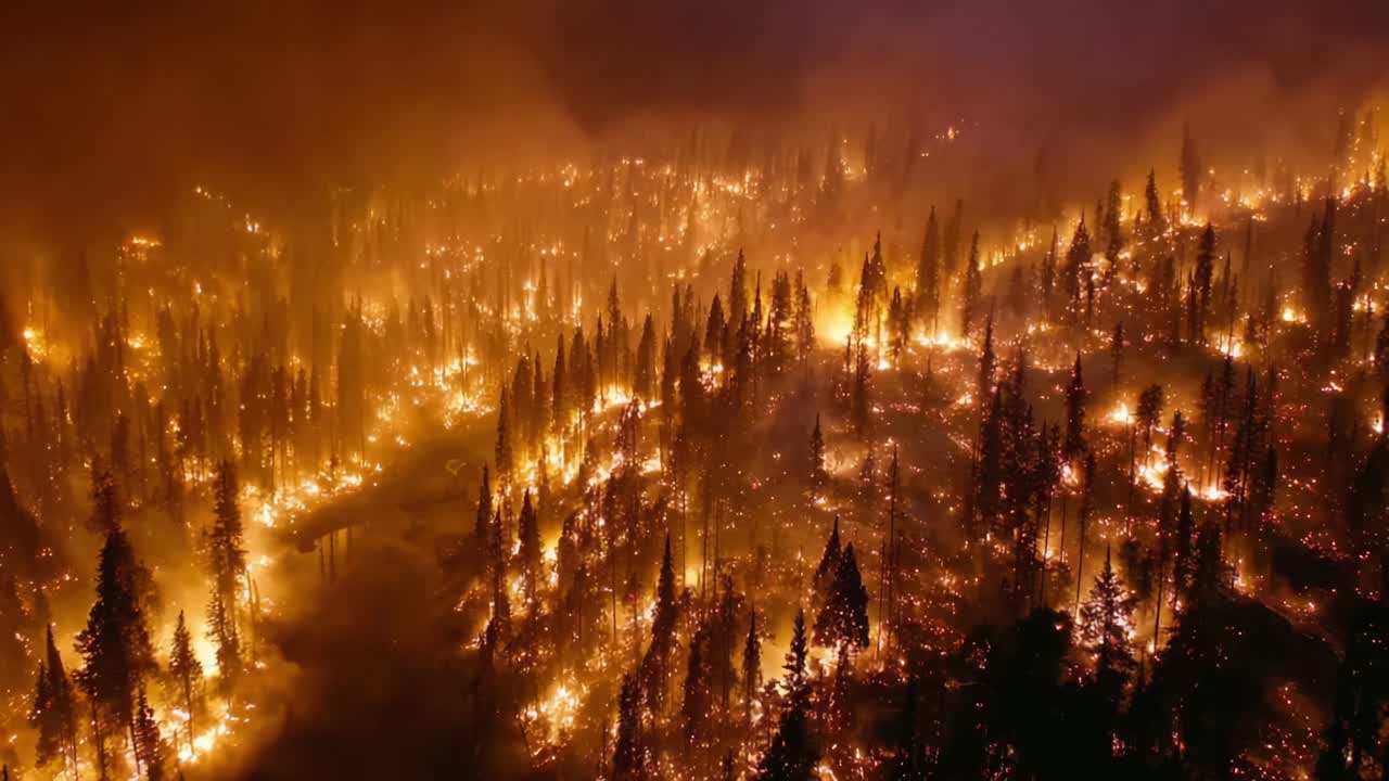 Aerial View of Devastating Wildfire Sweeping Through Dense Forests, Illustrated by Bright Flames and Smoke Filling the Air, Transforming Landscape into a Fiery Inferno