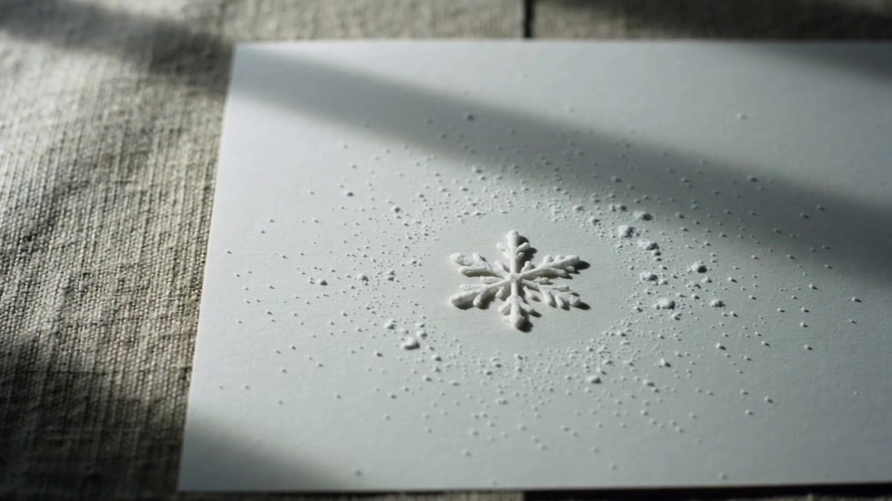 Granuli sparsi che formano un anello attorno a un fiocco di neve in rilievo su cartoncino posato su lino, illuminati dalla luce solare.
