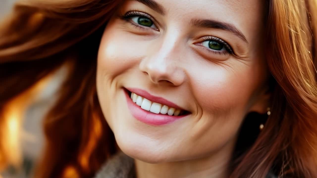 mujer hermosa con cabello rojo y ojos verdes sonriendo