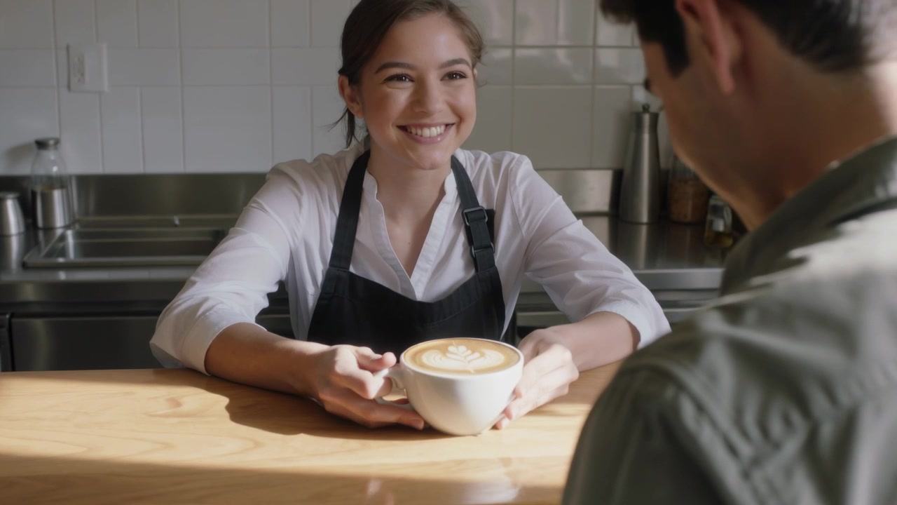 Barista con camicia bianca e grembiule nero che, dopo l'ordinazione, posa la tazza su un bancone di legno, mostrando la latte art.