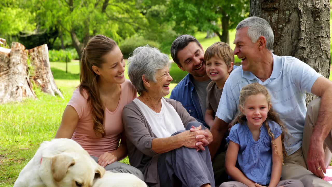 넓은 가족 이 공원 에 있는 카메라 에 미소 짓고 있다