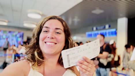 woman holding boarding pass with big smile at airport