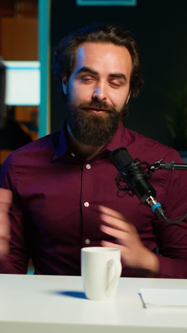 Vertical video Influencer entering home studio, doing live broadcast