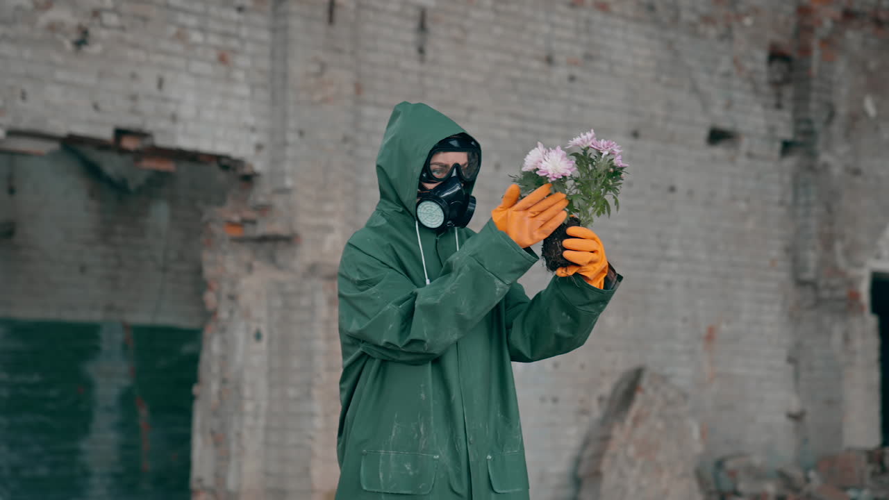 Woman ecologist in safety suit holding dying flowers. Human wearing gas mask and hazmat costume in abandoned building. Environmental problems in polluted zone.