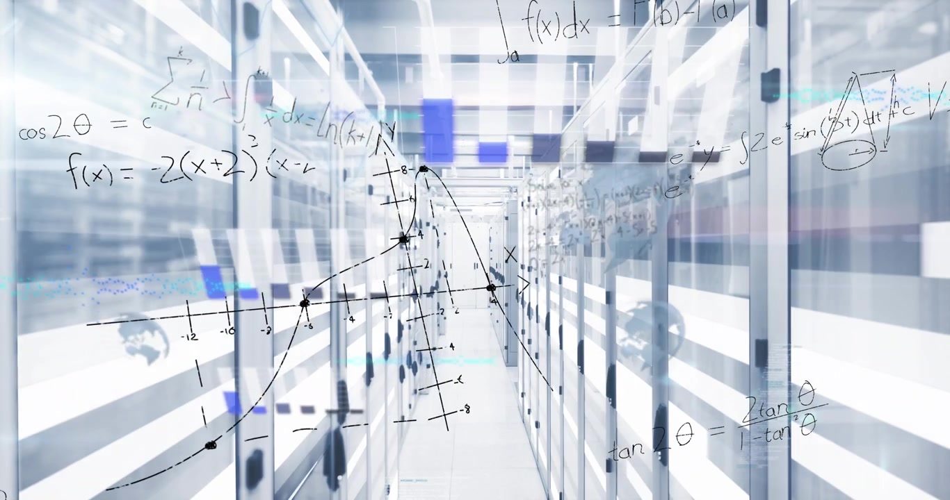 Data Center Server Room with Mathematical Formulas Overlay