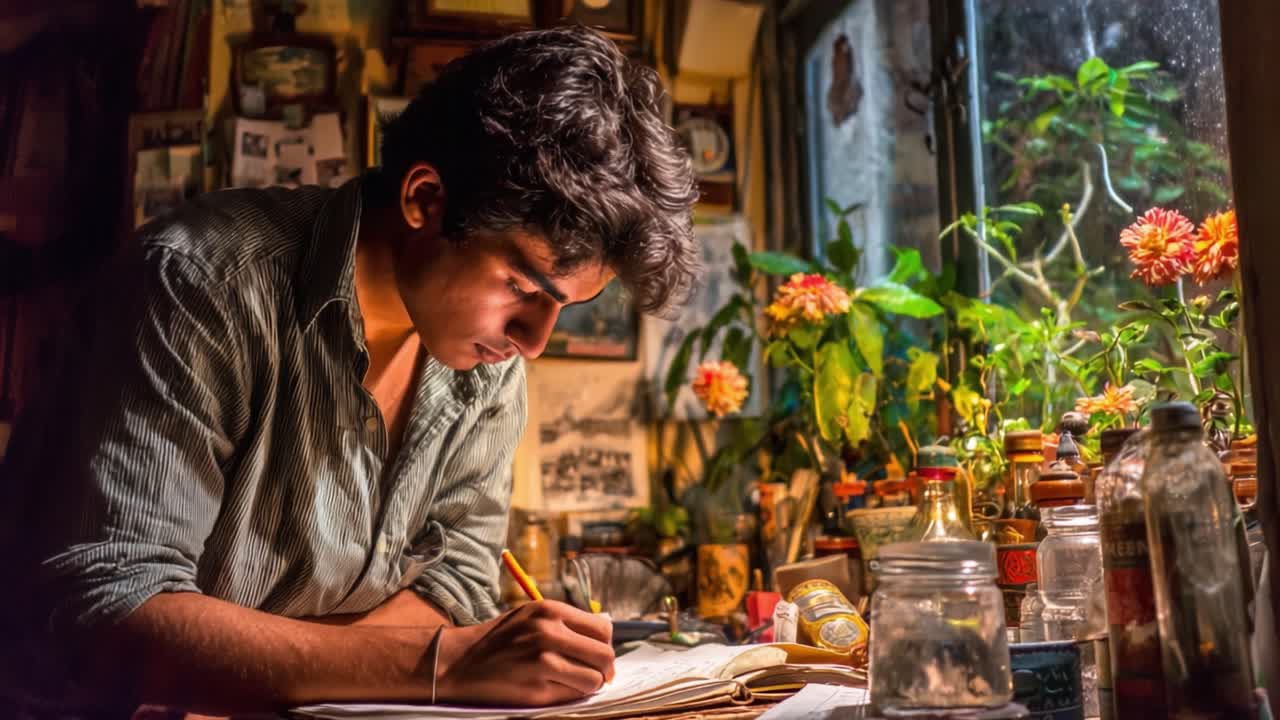 A Young Scholar Engrossed in Writing Amidst a Vibrant and Lively Workspace Filled with Natural Light and Colorful Plants