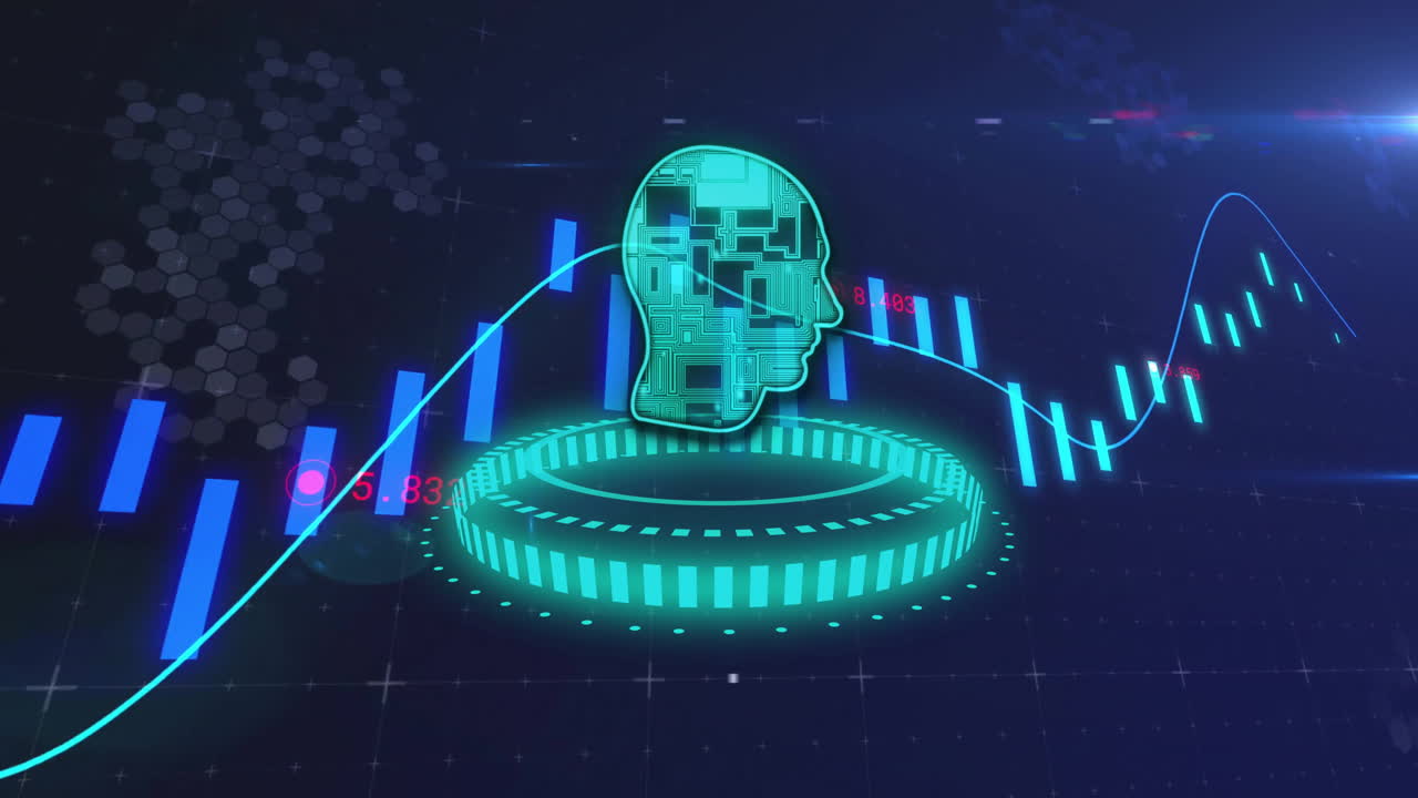 Animation of financial data processing over head with circuit board on dark background