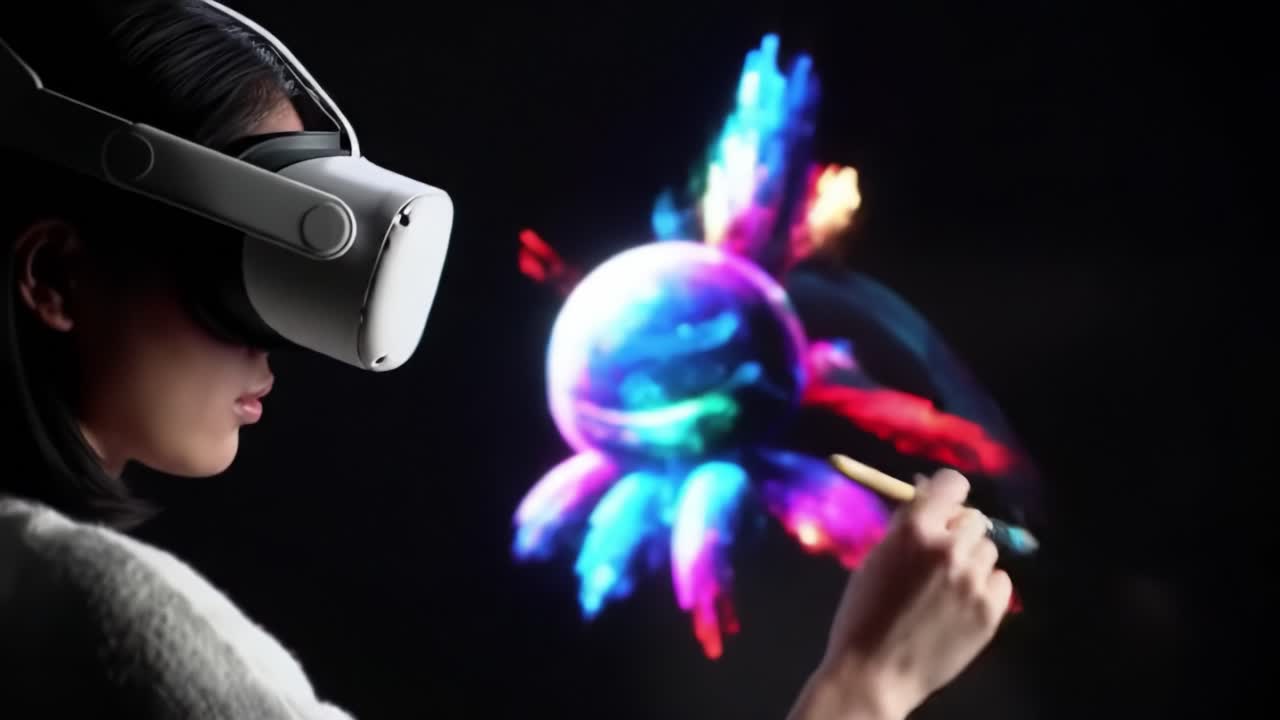 A person explores virtual reality by painting vibrant colors and shapes on a digital canvas. The immersive environment enhances creativity and artistic expression in real-time.