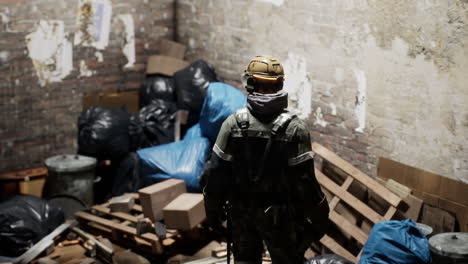 worker in protective gear surveys a cluttered industrial area during daylight