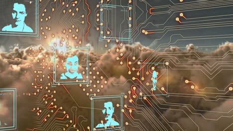 Animation of integrated circuit and social media users over clouds