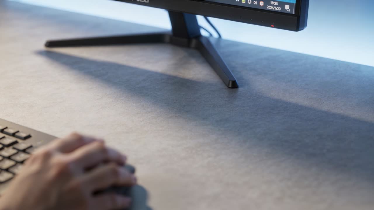Entering hand grabbing and moving mouse at desk with monitor, tapping keys to control cursor