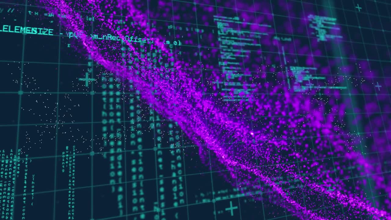 Data processing over grid network against purple digital waves on blue background