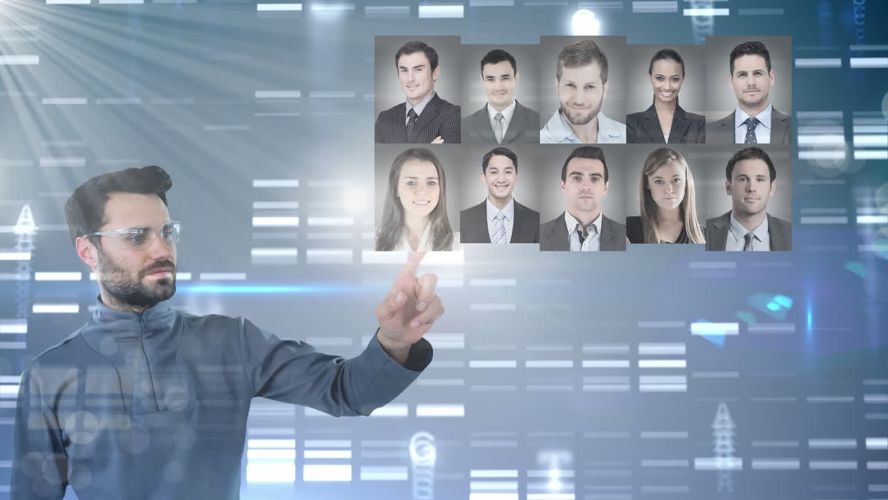 человек выбирает профильные фотографии через цифровую анимацию секвенирования днк