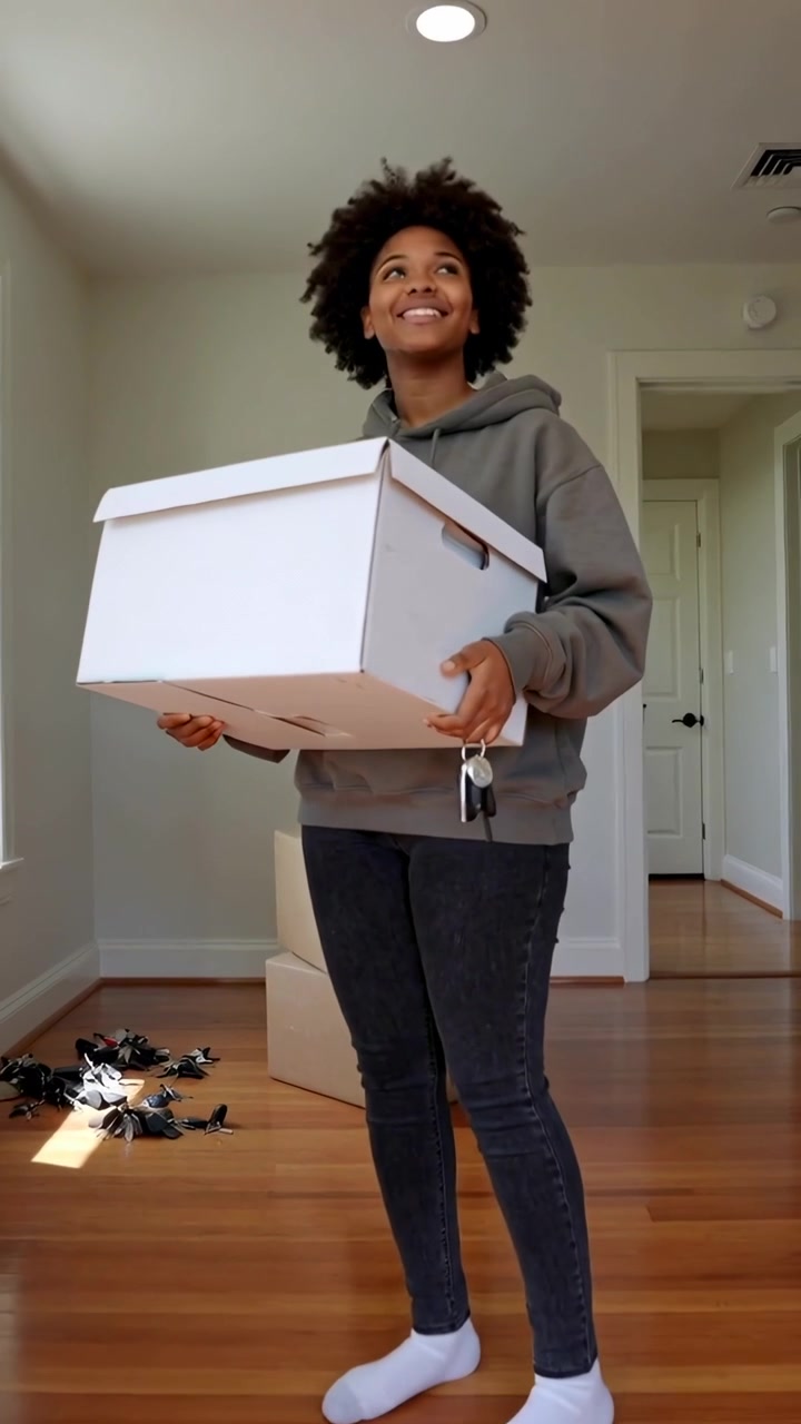 Vertical video: Walking woman in hoodie carrying white box into room, keys dangling, moving in