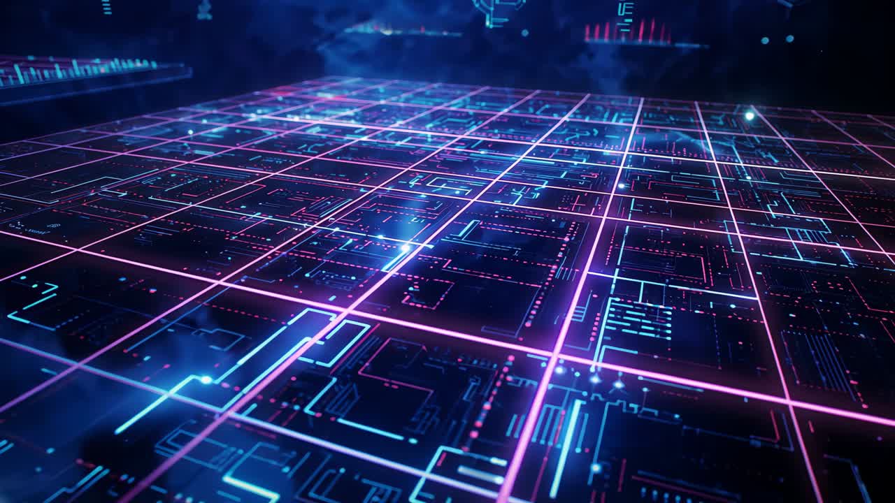 Tilting camera initiating forward movement across magenta grid, revealing pulsing nodes, holograms