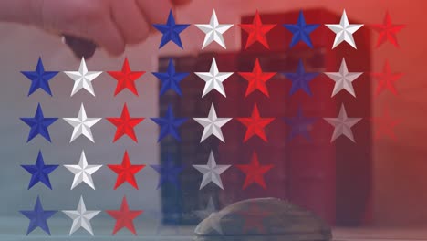 Composite-video-of-multiple-star-icons-against-hand-banging-a-gavel