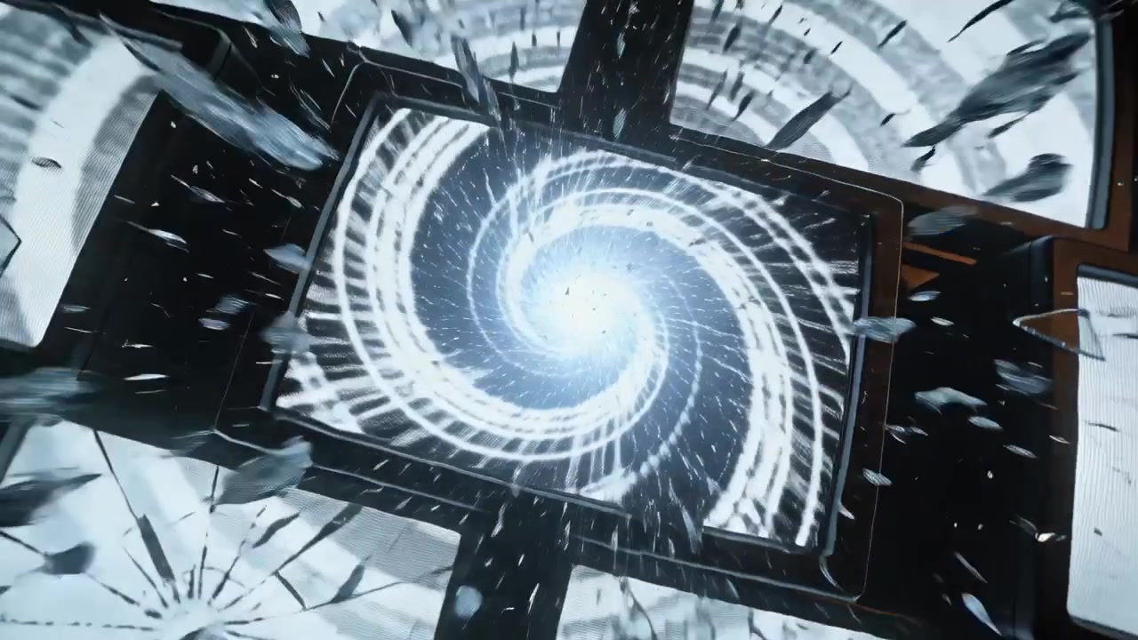 Brightening screen showing spiral tightening in control room, causing shards at lit right panel
