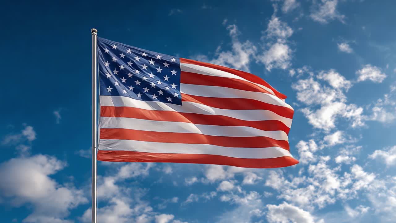 En fængslende demonstration af national stolthed: Det amerikanske flag vajer yndefuldt under en levende himmel, symboliserende frihed og sammenhold i hvert flagrende slag.