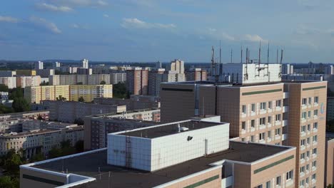 breathtaking aerial top view flight large panel system building apartment, prefabricated housing complex, berlin marzahn east german summer 2023