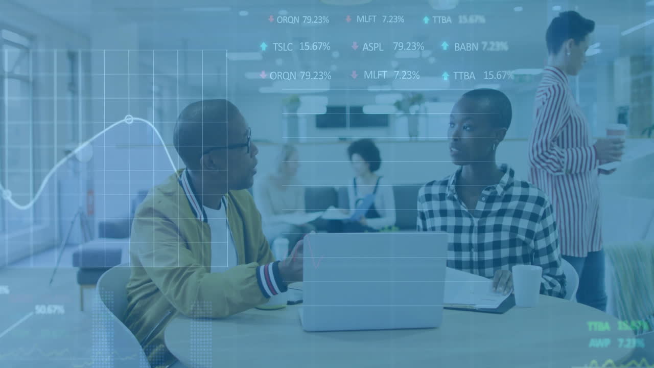 Animation of financial data processing over diverse business people using laptop