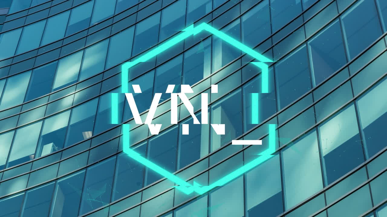 animación de nft en hexágono sobre el edificio de oficinas