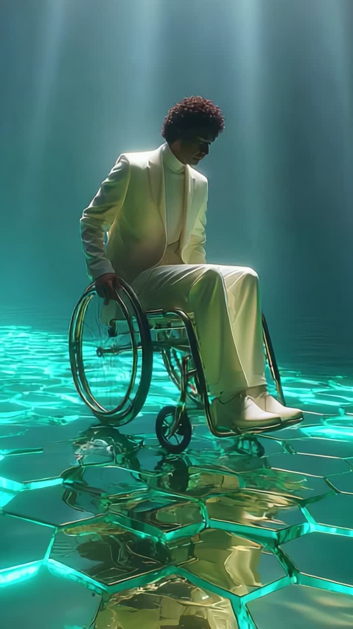 A figure in a wheelchair dressed in a stylish white suit reflects tranquility and resilience amidst a futuristic, illuminated backdrop of hexagonal patterns