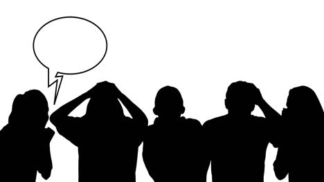 Animation-of-silhouette-of-sport-fans-with-speech-bubbles-on-white-background