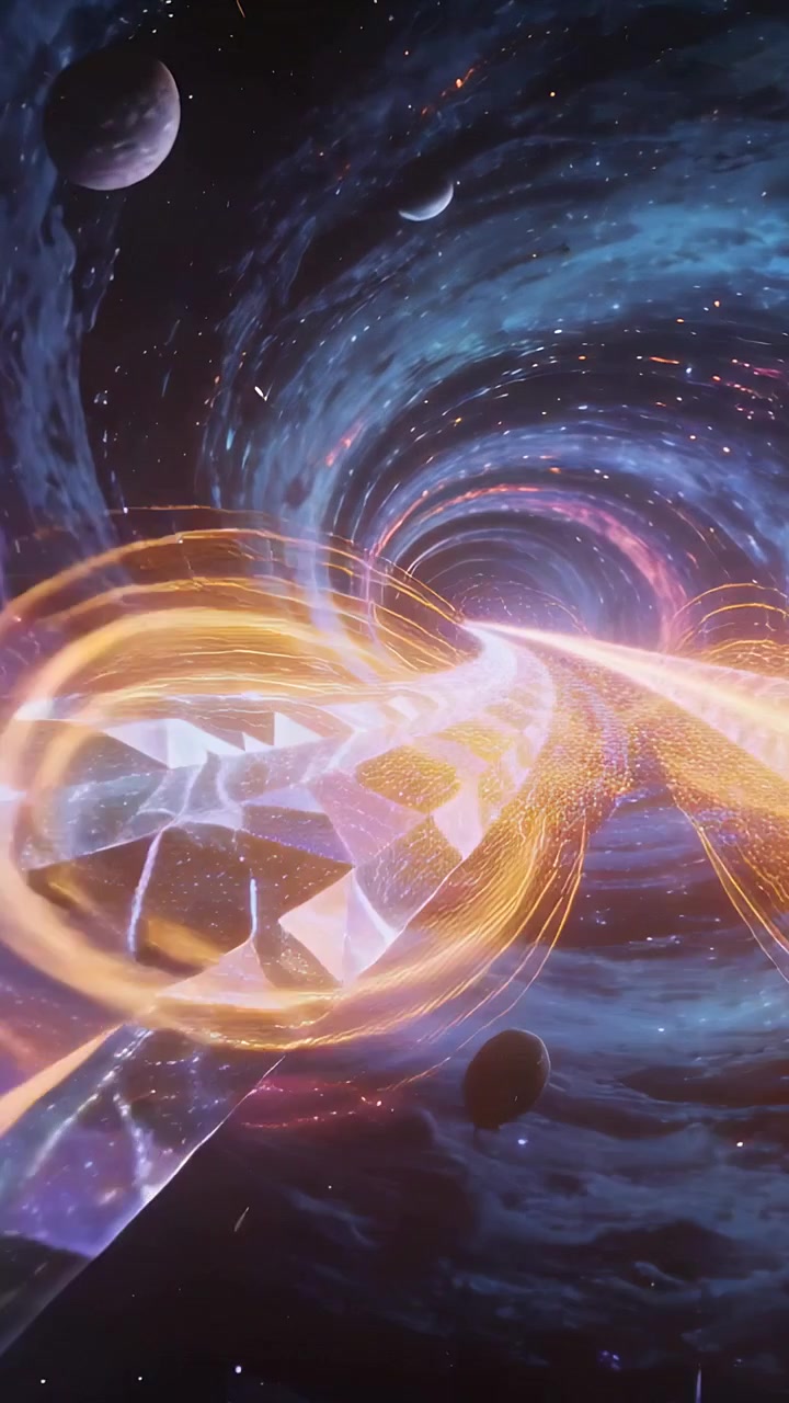 Vertical video: Leading glass ribbon guiding moving view into vortex in space, beam pulsing rings