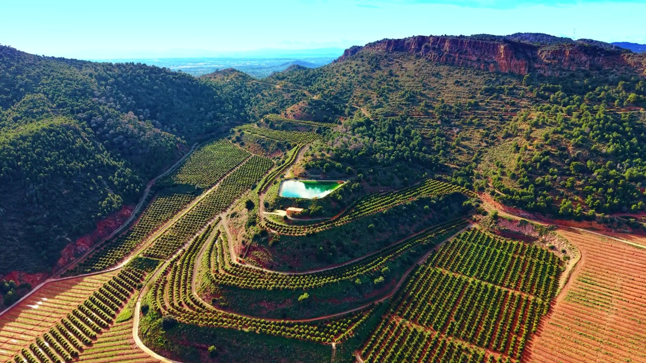 Flygfoto över ett landskap med en turkos vattenreservoar och terrasserade citrusplantager. Vattenbassäng för bevattning omgiven av prydliga rader av apelsinträd på kullar.