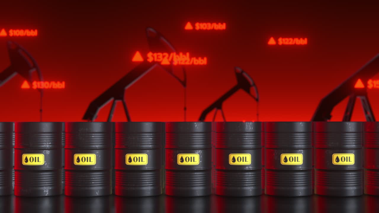 3D-Rendering: Ölfässer, Förderpumpen und steigende Kraftstoffpreise vor rotem Hintergrund. Konzept für globale Energiekrise, Ölschock, Kriegsfolgen, Wirtschaft, Inflation und Marktvolatilität. Hochwertige industrielle Darstellung.