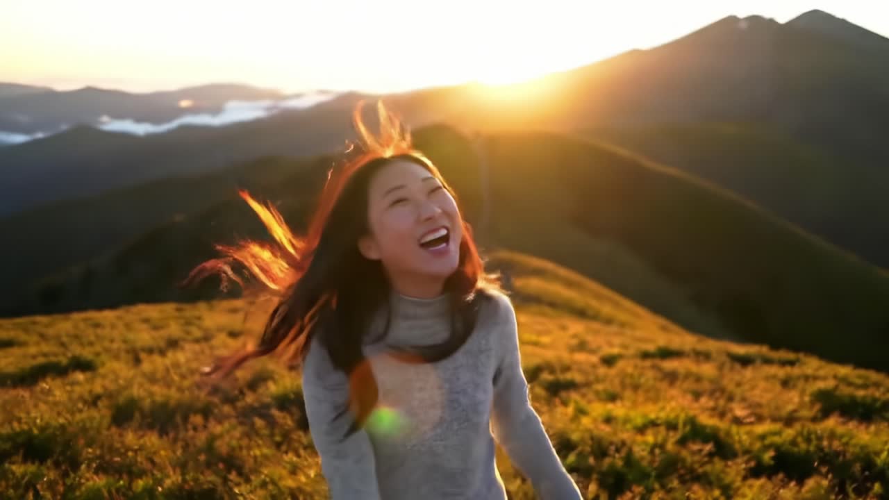 Joyful Moment During Sunrise on a Mountain in Nature's Serene Landscape