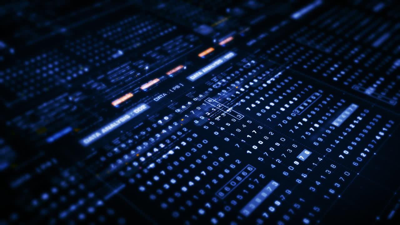 Advance data matrix, telemetry and encrypt numbers simulation user interface display in cyber space abstract de-focus environment background