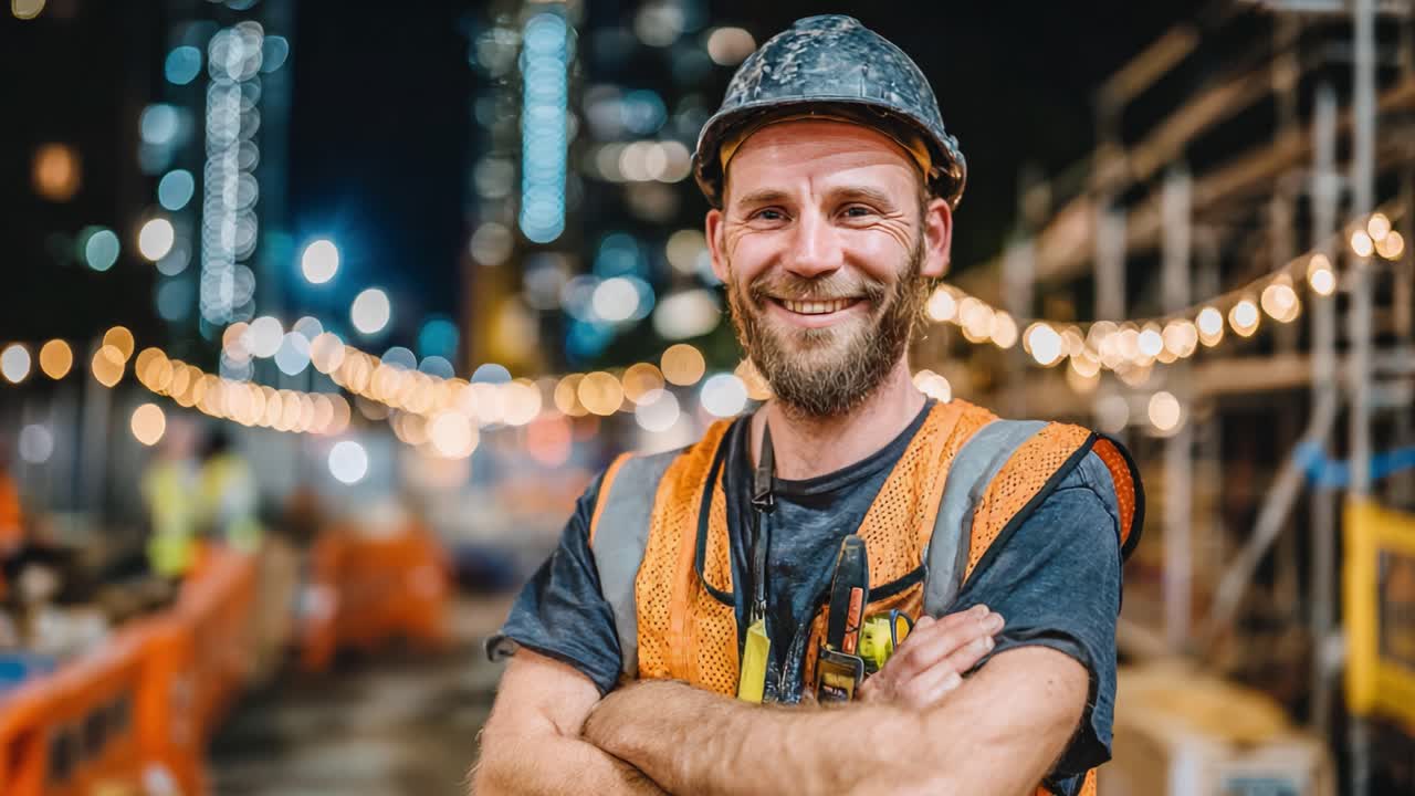 A Joyful Construction Worker Smiles Under City Lights, Capturing the Dedication and Spirit of the Building Trade Amidst a Vibrant Urban Nightscape