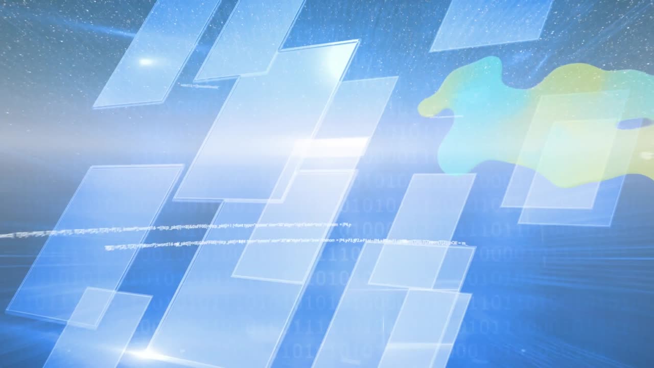 파란색 배경의 사각형 모양 디자인과 바이너리 코딩에 대한 데이터 처리