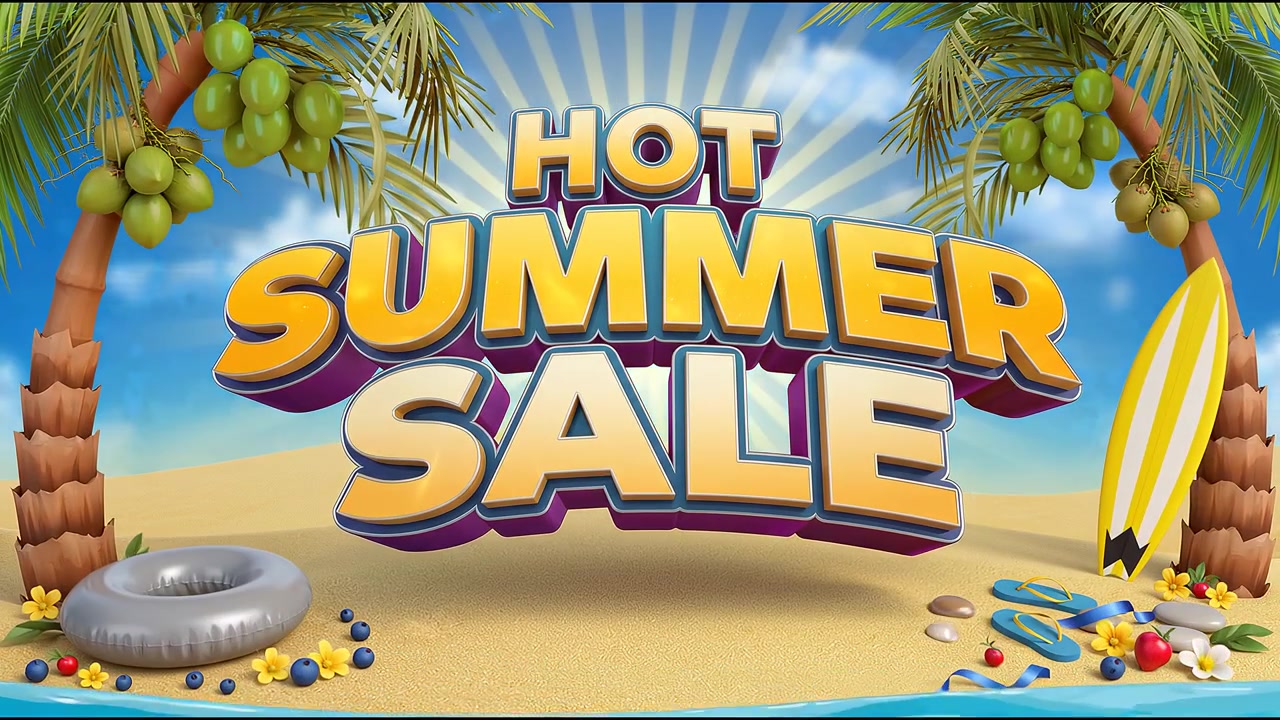 Hede sommersalg kampagnebanneranimation med lilla og gul typografi på tropisk strandbaggrund