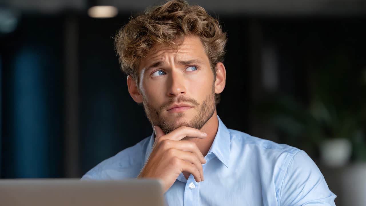 A Thoughtful Young Man Contemplates His Ideas While Seated at a Desk in a Modern Workspace, With a Visibly Reflective Expression and a Laptop in Front of Him